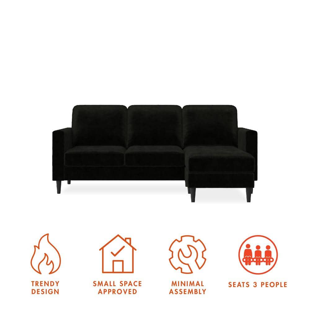 Strummer 81.63" Black Velvet Reversible Sectional Sofa with Ottoman