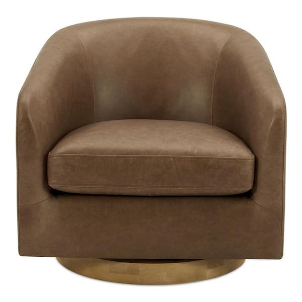 Grayson Tan Leather Accent Chair with Swivel Base and Solid Wood Frame