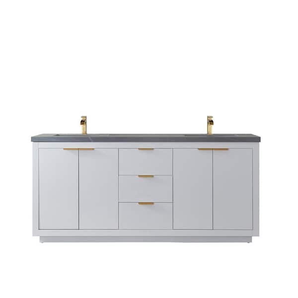 ROSWELL Leiza 72 in. W x 22 in. D x 33.4 in. H Double Sink Bath Vanity in White with Grey Sintered Stone Countertop