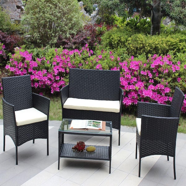 Black Frame Wicker Outdoor Patio Lounge Sofa Set with Beige Cushions 4-Piece Set with Tea Table
