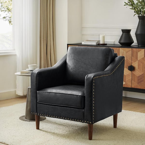 JAYDEN CREATION Celio 30 in. Black Faux Leather Arm Chair with Solid Wooden Legs
