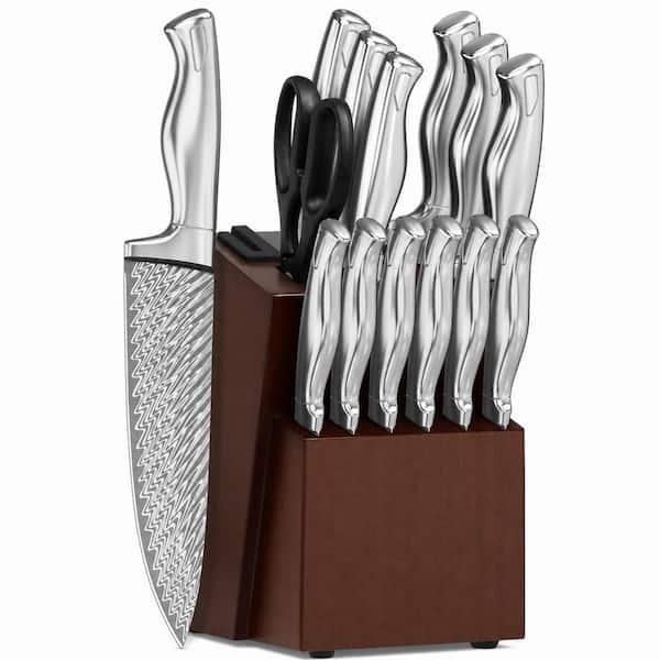 15-Piece Serrated High -Carben Steel Kitchen Knife Set with Block and Built-in Knife Sharpener, German Knife Block Set