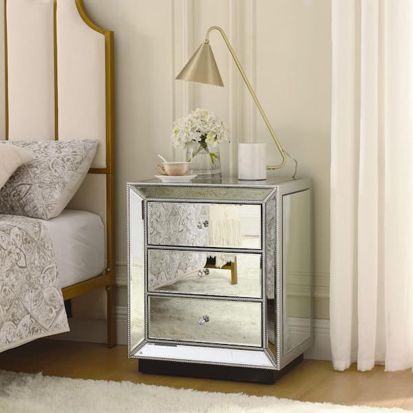 22 in. W x 16 in. D x 27 in. H Flash Silver Mirror 3-Drawer Cabinet Nightstand
