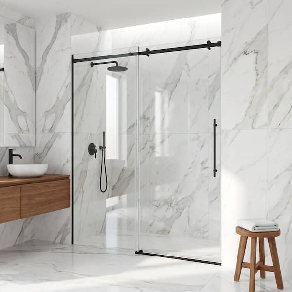 Luca 56 to 60 in. W x 79 in. H Sliding Frameless Shower Door in Matte Black with 3/8 in. (10mm) Clear Glass
