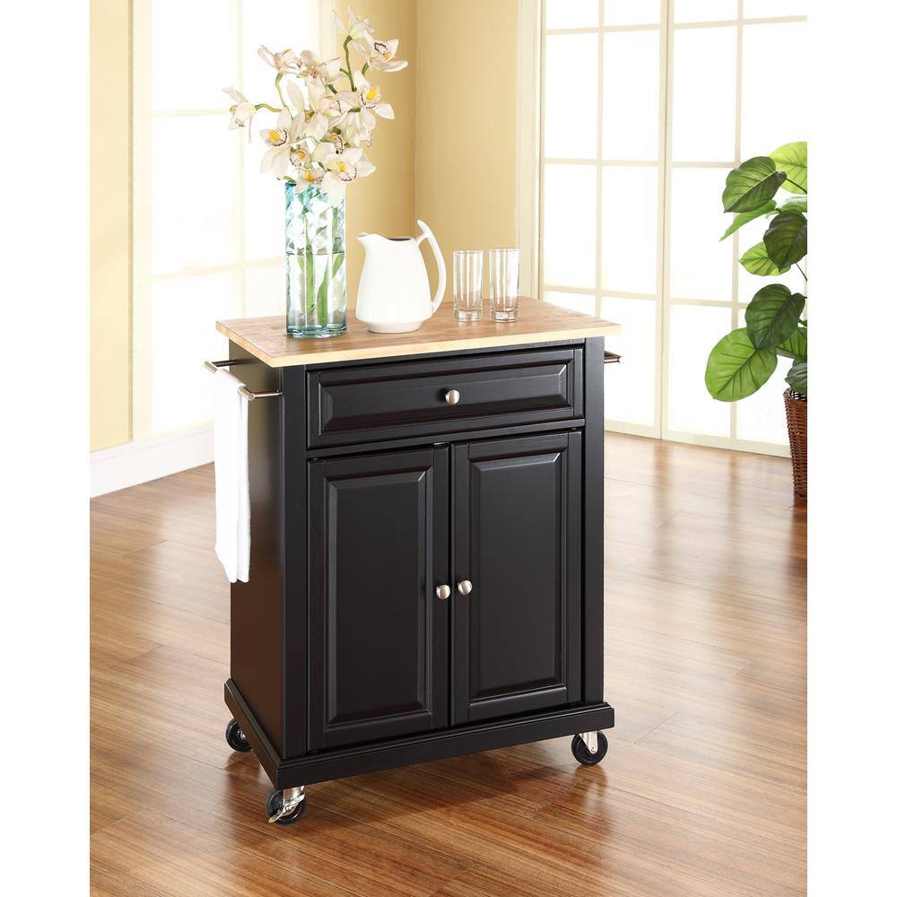 Black Wood Kitchen Cart with Natural Top and Storage