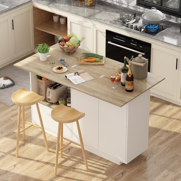 FUFU&GAGA White/Oak Wood 59.1 in. W Kitchen Island Dining Table With Adjustable Shelves and Drawer