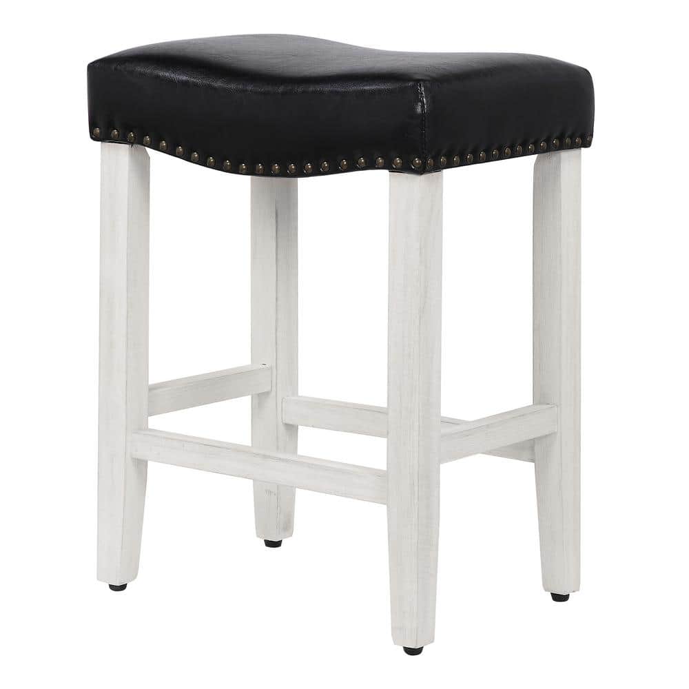 24" Black Leather & Wood Saddle Style Backless Barstool