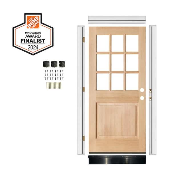 DIY 36 in. x 80 in. Hemlock Left-Hand 9-Lite Clear Glass Unfinished Wood Front Door Kit w/ Quick Assemble Jamb