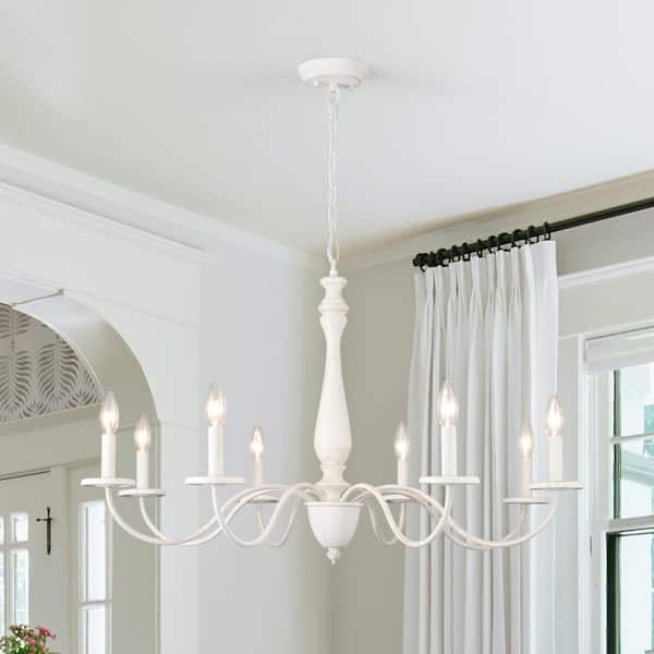 8-Light Vintage White Candle Design Linear Chandelier Lighting for Kitchen Island with No Bulbs Included