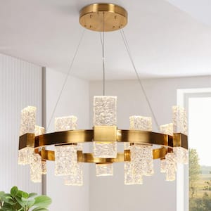 Euromos 24-Light dimmable Integrated LED Plating Brass Drum Chandelier with Glacial Handmade Glass