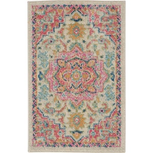 Passion Ivory/Pink doormat 2 ft. x 3 ft. Persian Modern Transitional Kitchen Area Rug
