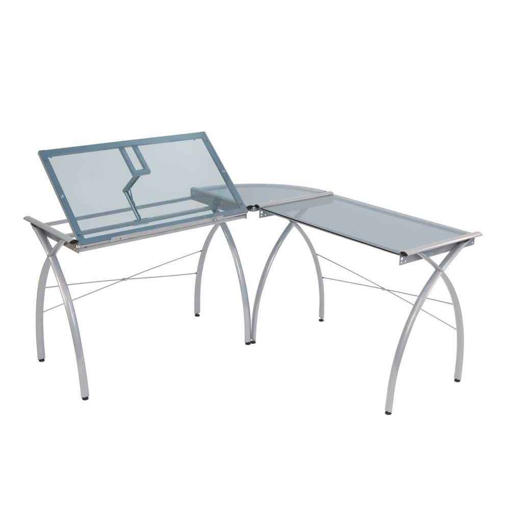 Futura L-Shaped Silver and Blue Glass Drafting Desk