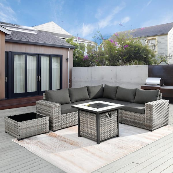 XIZZI Moonriver 7-Piece Wicker Outdoor Patio Fire Pit Conversation Sectional Sofa Set with Black Cushions