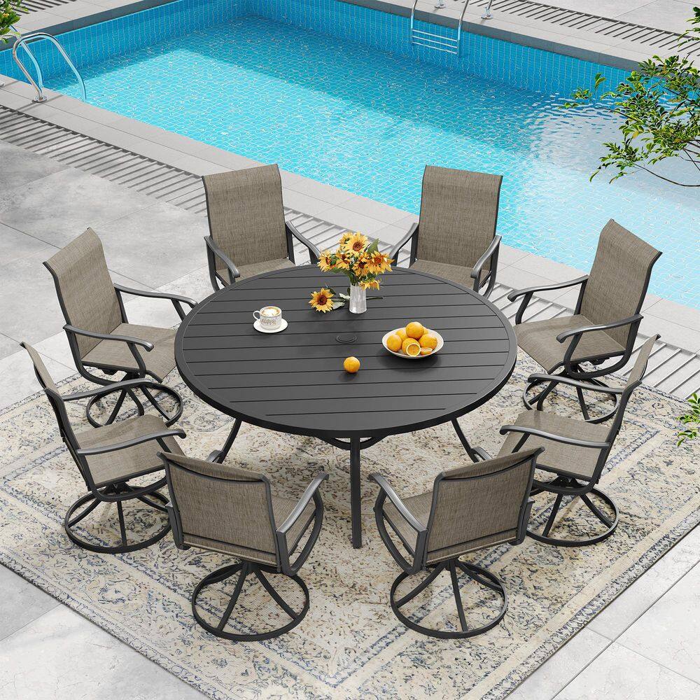 All Weather 9-Piece Metal Outdoor Patio Dining Set with 60 in. Black Round Table and 8 Brown Swivel Dining Chairs price history on PriceWatchPro
