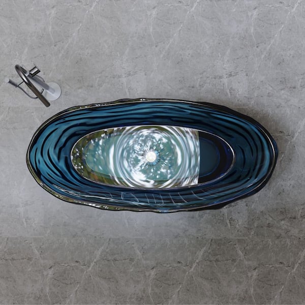 Moray 65.75 in. x 30 in. Resin Stone Solid Surface Freestanding Flat Bottom Soaking Bathtub in Translucent Blue