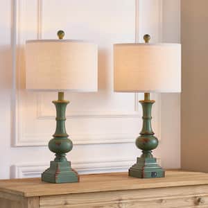 25 in. Distressed Green Resin Table Lamp Set and USB ports, bulbs (Set of 2)