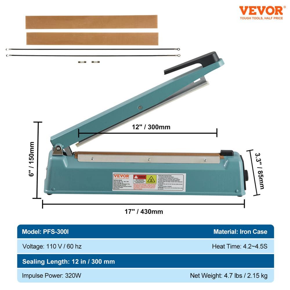 VEVOR Impulse Sealer 12 in. Manual Heat Seal Machine with Adjustable