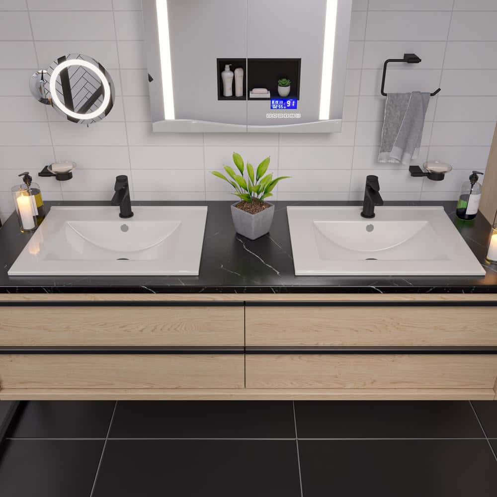 White Ceramic Rectangular Drop-In Bathroom Sink with Overflow