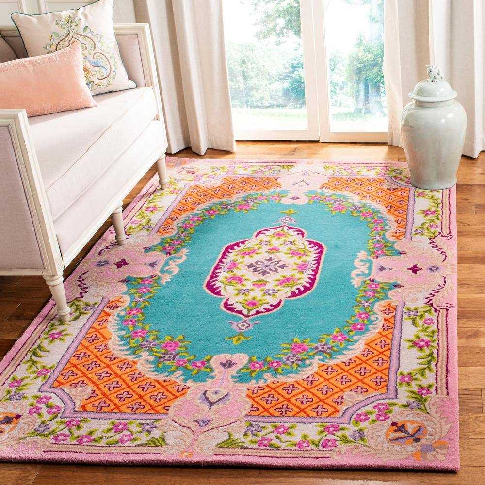 Handmade Tufted Wool-Viscose Blend Rectangular Rug in Blue/Pink, 8' x 10'