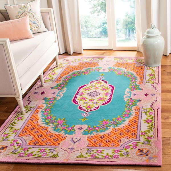 Bellagio Blue/Pink 9 ft. x 12 ft. Floral Border Area Rug