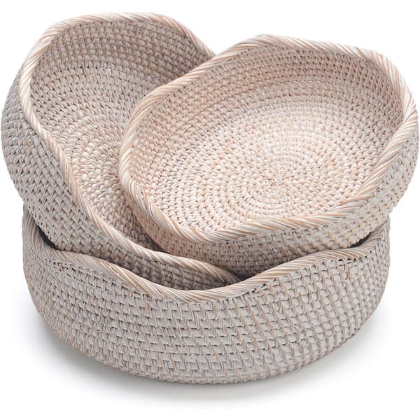 Unbranded Round Natural Woven Beige 11.2 in x 3.9 in Wicker Decorative Basket (Set of 3)