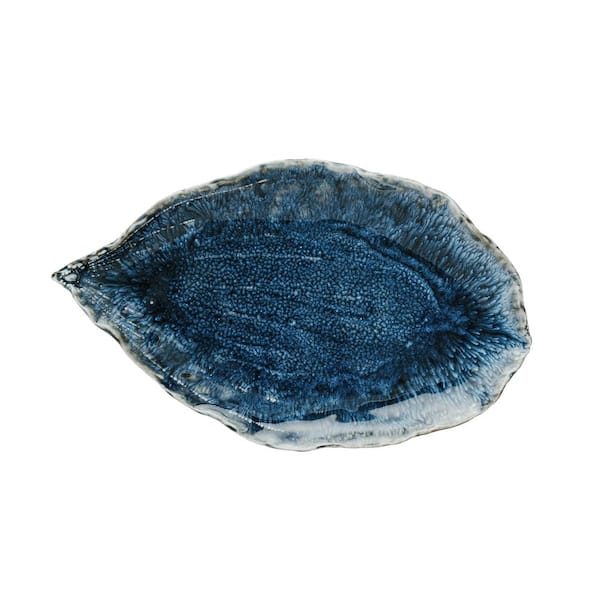 10.4 in. Blue Stoneware Azure Leaf Shaped Serving Platter
