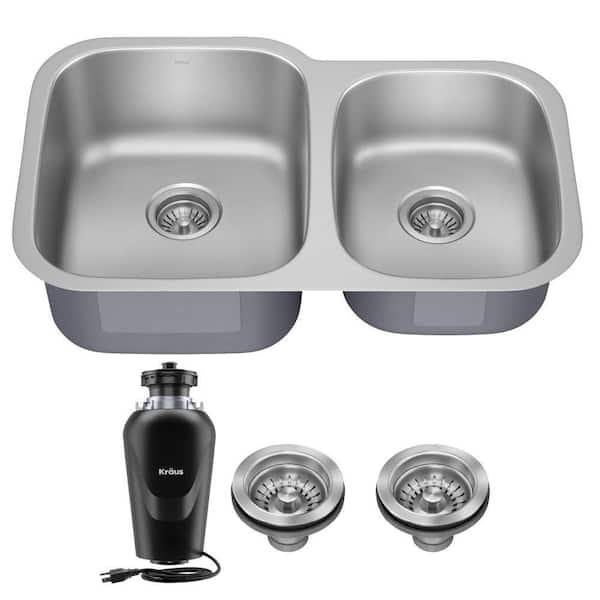 KRAUS Premier 32" Undermount 60/40 Double Bowl Stainless Steel Kitchen Sink with WasteGuard Continuous Feed Garbage Disposal