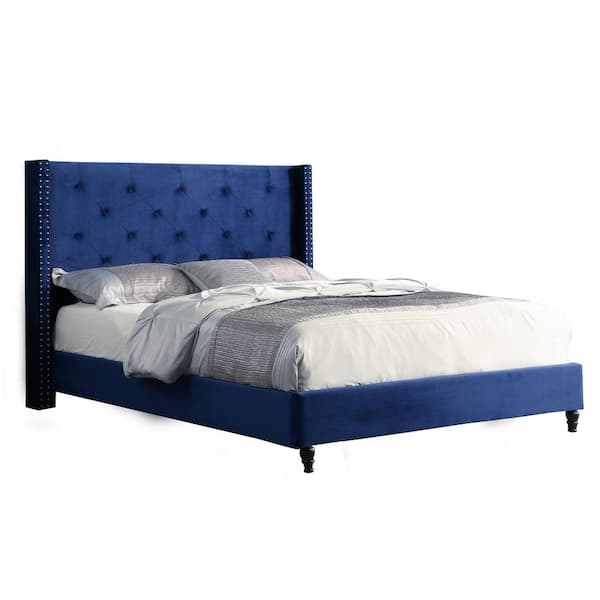 Best Master Furniture London Blue Full Upholstered Velvet Wingback Platform Bed