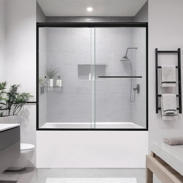 55-60 in. W x 56 in. H Sliding Semi Frameless Tub Door in Matte Black Finish with Clear Glass