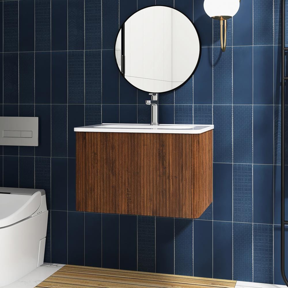 24 in. W x 18 in. D x 16 in. H Single Sink Wall-Mounted Bath Vanity in Walnut with White Ceramic ...