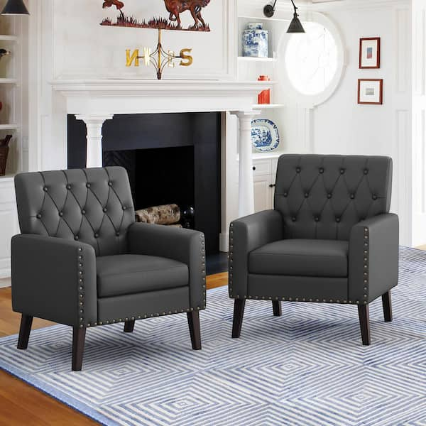 Dark Gray PU Faux Leather Accent Arm Chair Comfy Living Room Chairs for Bedrooms(Set of 2)