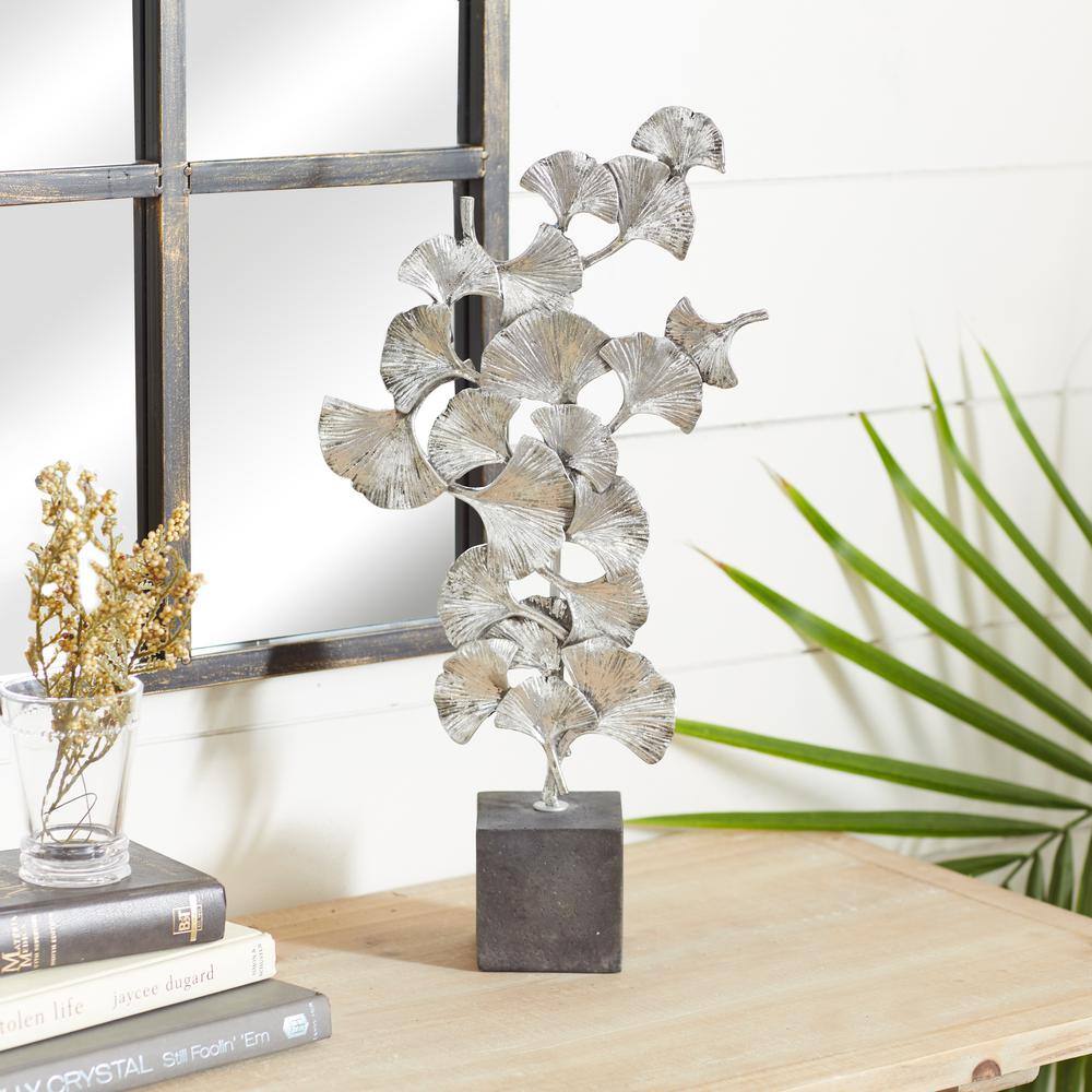 Silver Floral Metal Sculpture with Black Block Base