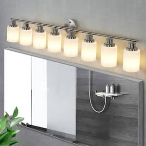 52 in. 8-Light Brushed Nickel Vanity Lights Fixture with Frosted Glass Shades and No Bulbs Included