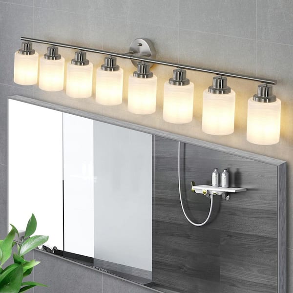 Lasaideal 52 in. 8-Light Brushed Nickel Vanity Lights Fixture with Frosted Glass Shades and No Bulbs Included