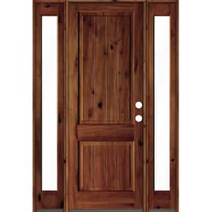 64 in. x 96 in. Rustic Alder Square Red Chestnut Stained Wood V-Groove Left Hand Single Prehung Front Door