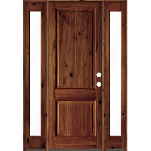 Krosswood Doors 70 in. x 96 in. Rustic Alder Square Red Chestnut Stained Wood V-Groove Left Hand Single Prehung Front Door