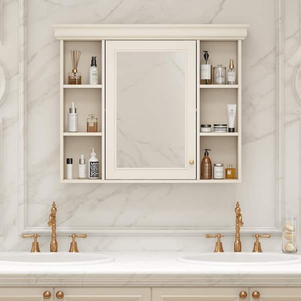 DELUXE DL LIVING 35 in. W x 28 in. H Rectangular Beige Wood Bathroom Medicine Cabinet with Mirror, Soft Close Door, Easy Hang, Open Shelf