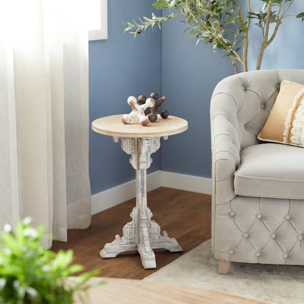Litton Lane 15 in. Gray Intricately Carved Scroll Large Round Wood End Accent Table with Brown Wood Top