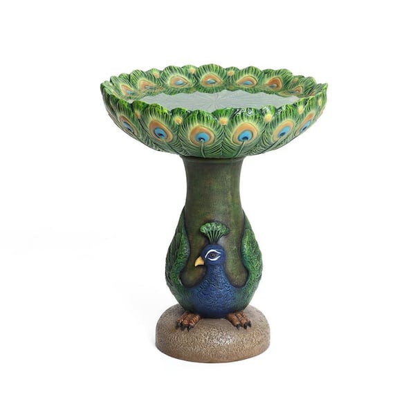 20.5 in. Blue and Green Peacock Resin Birdbath