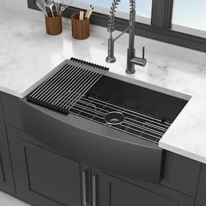 30 in. Farmhouse Single Bowl 18 Gauge Brushed Nickel Stainless Steel Kitchen Sink with Bottom Grid