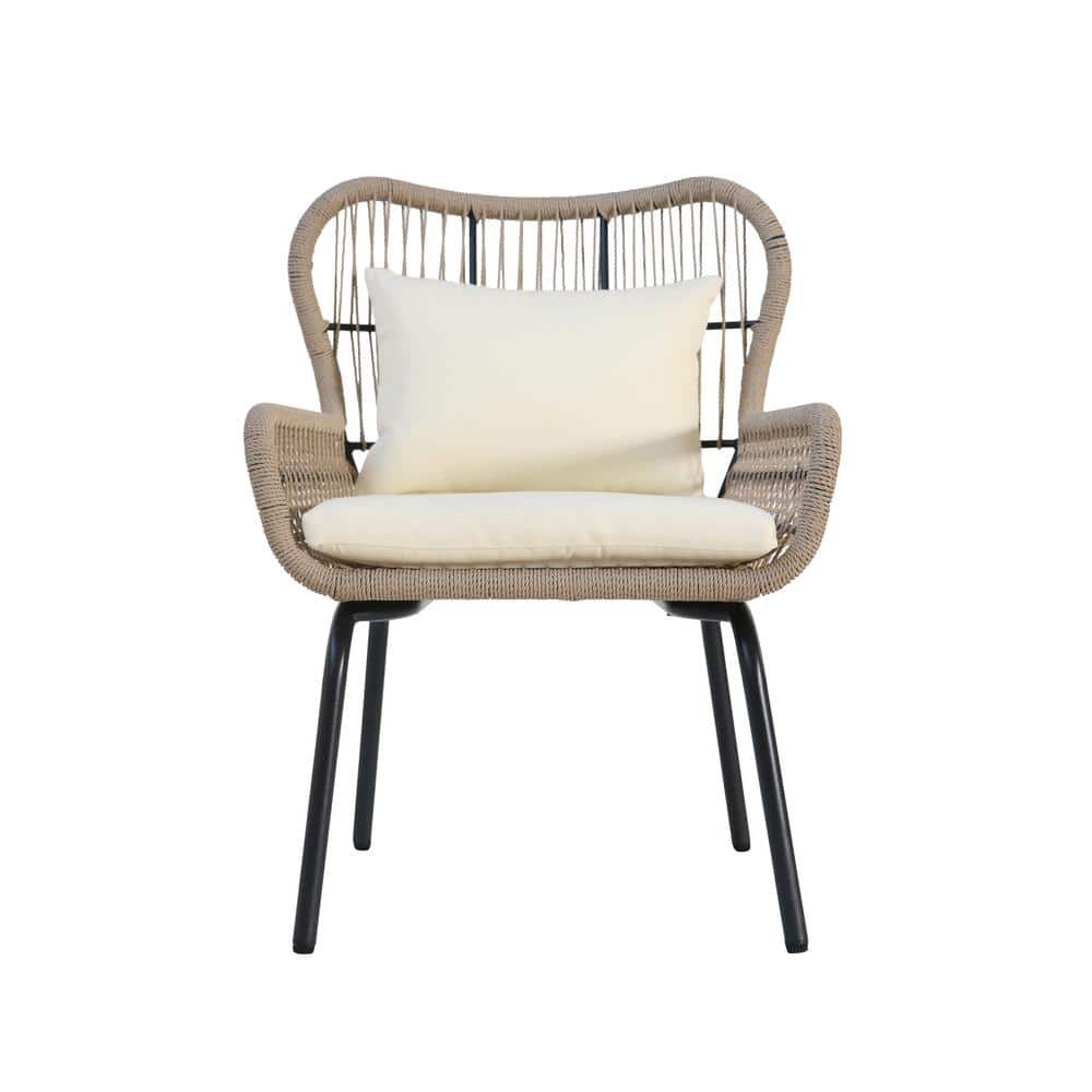 Breezy Modern Steel Frame Lounge Chair with Beige Cushions, Set of 2