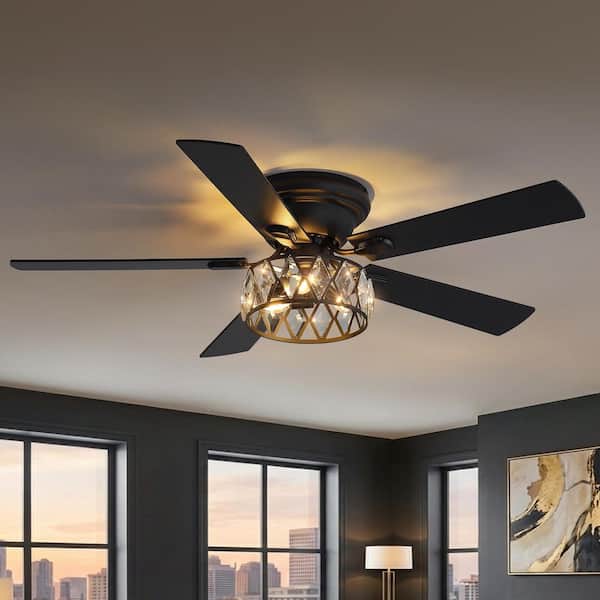 Jemore 52 in. Indoor Flush Mounted Black Crystal Ceiling Fan with Light Kit and Remote Control Included