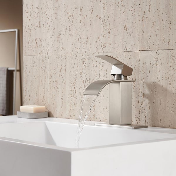 Single Handle Single Hole Bathroom Vanity Waterfall Spout Bathroom Faucet with Deckplate Included in Brushed Nickel