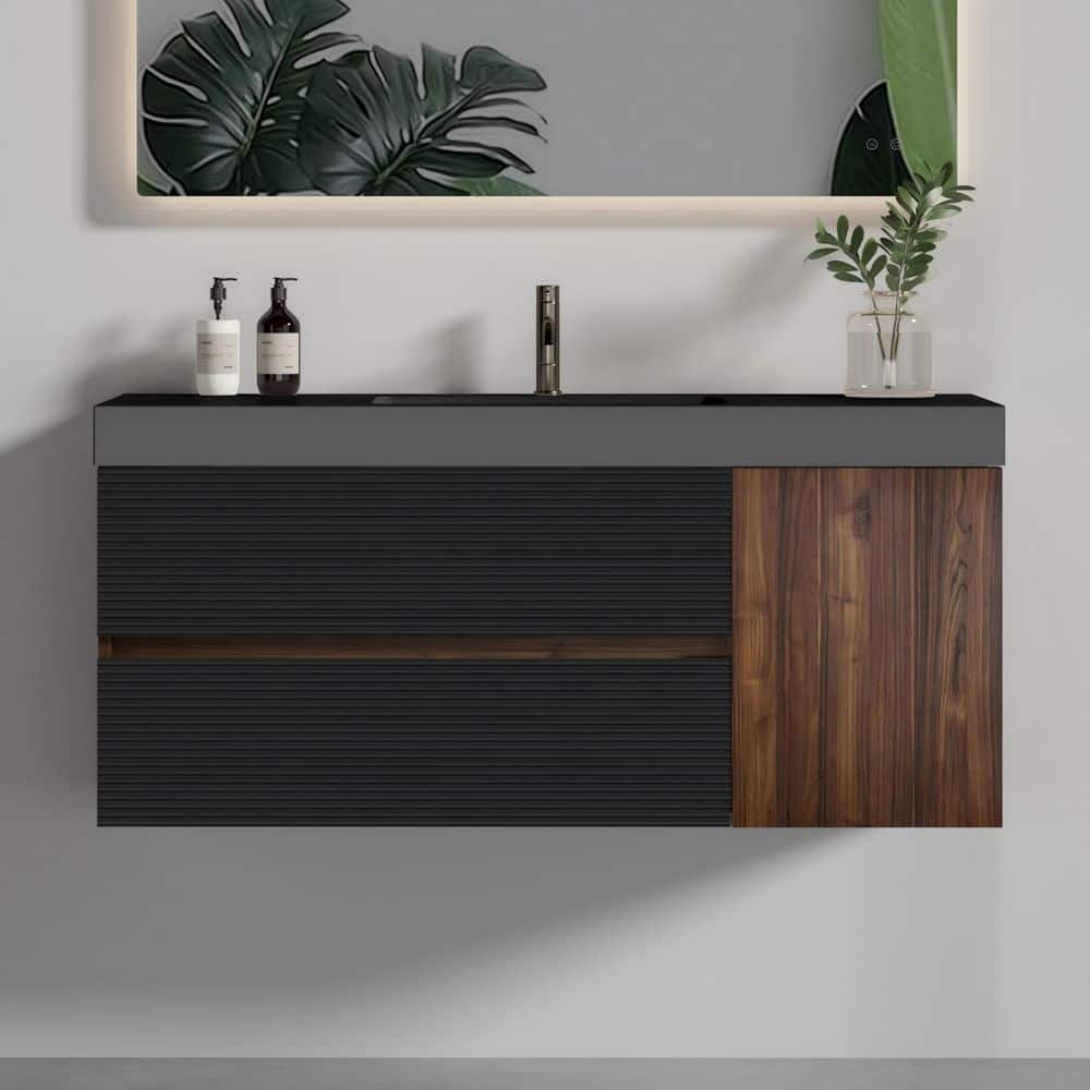 Ziyudura 48 in. Single Sink Floating Walnut Bath Vanity with Black