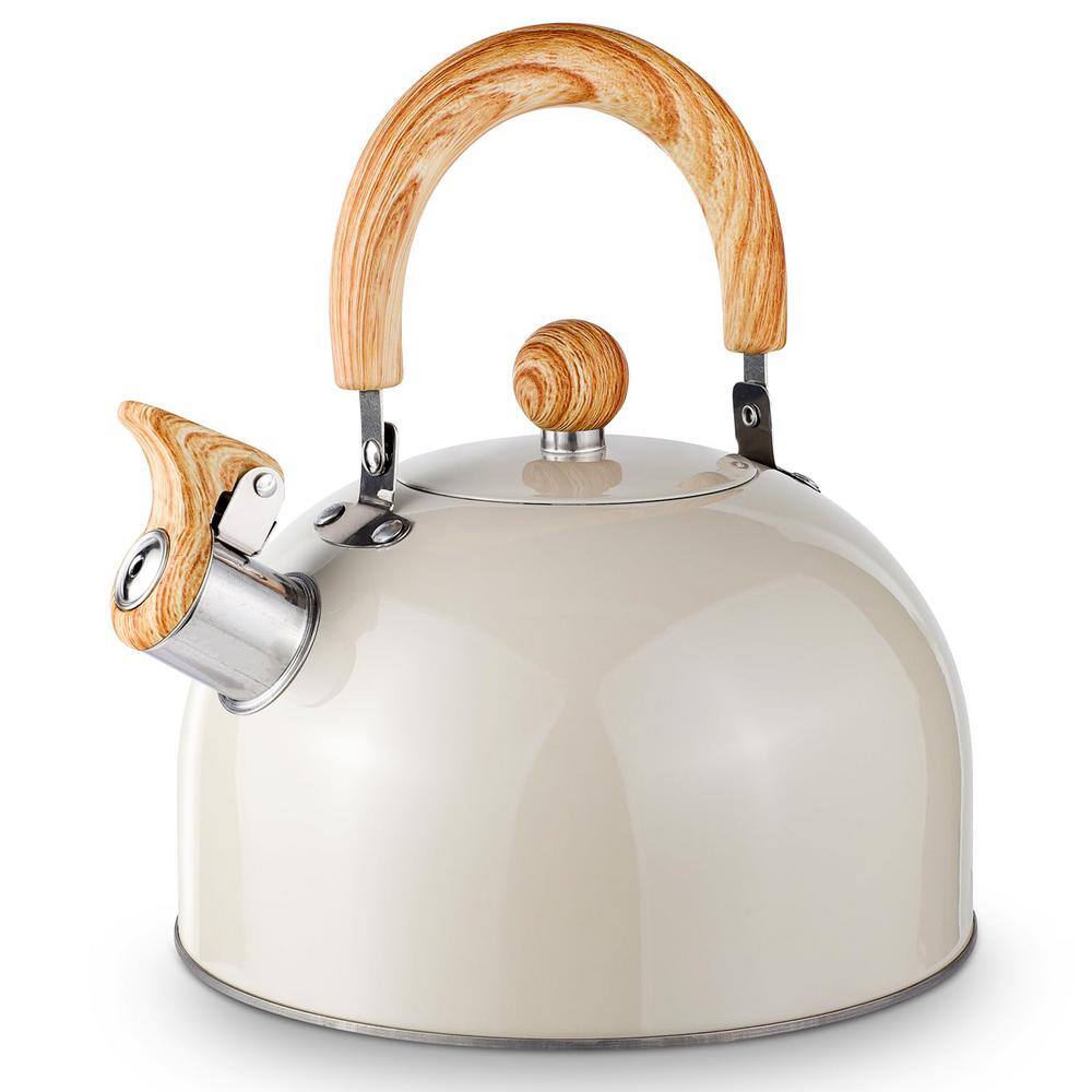 PRIMEPLUS 10 Cups 2.6 Qt. White Stainless Steel Tea Kettle with Wood