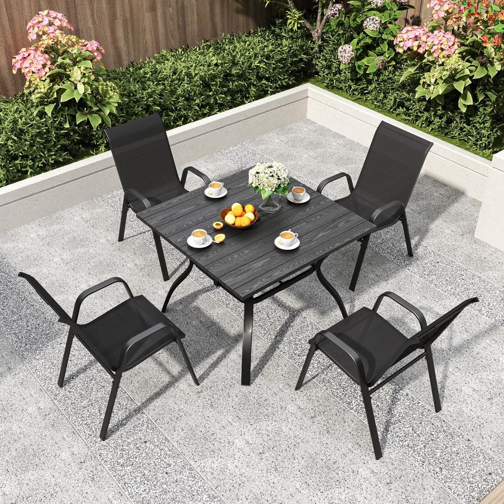 Forlen Metal Frame Stackable Patio Outdoor Dining Chairs with Black Teslin Fabric, Set of 4 price history on PriceWatchPro