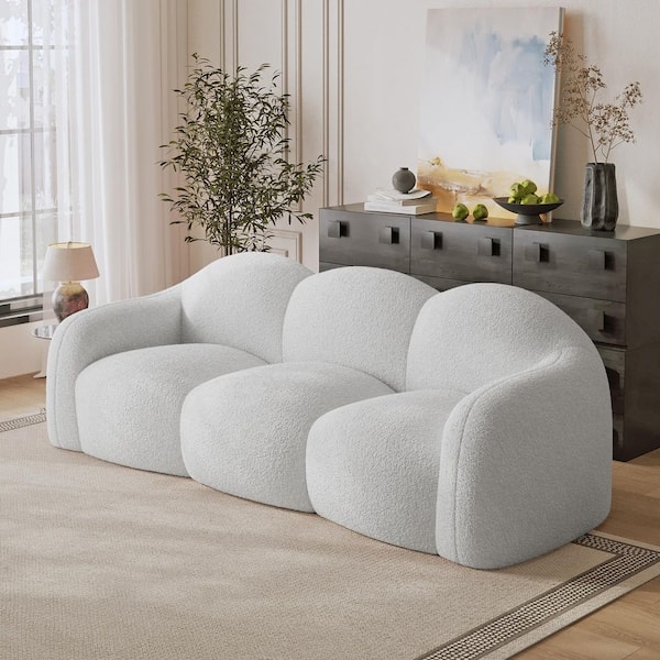 90 in. Straight Arm 3-Seater Curved Comfy Teddy Velvet Bubble Sofa Floor Sofa Memory Foam Deep Seat in. Beige