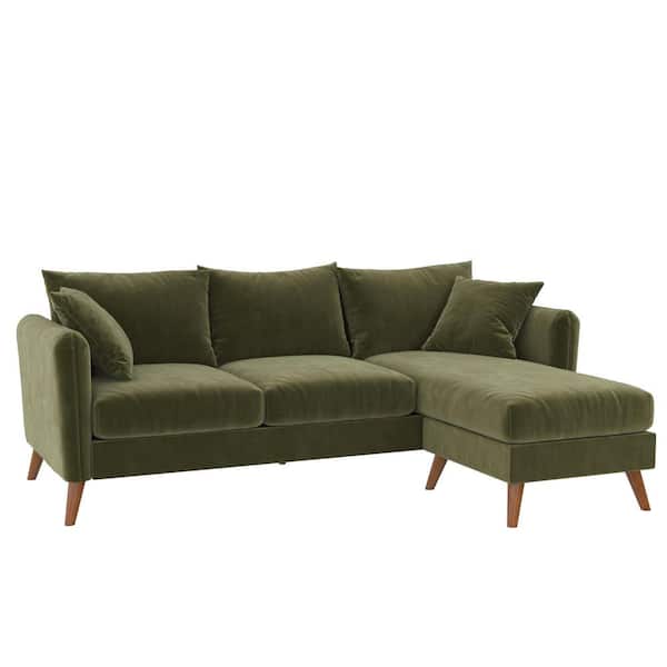 Novogratz Magnolia 84 in. Rounded Arm 1-Piece Velvet L Shaped Reversible Sectional Sofa in Green w/Pocket Coils and Pillows