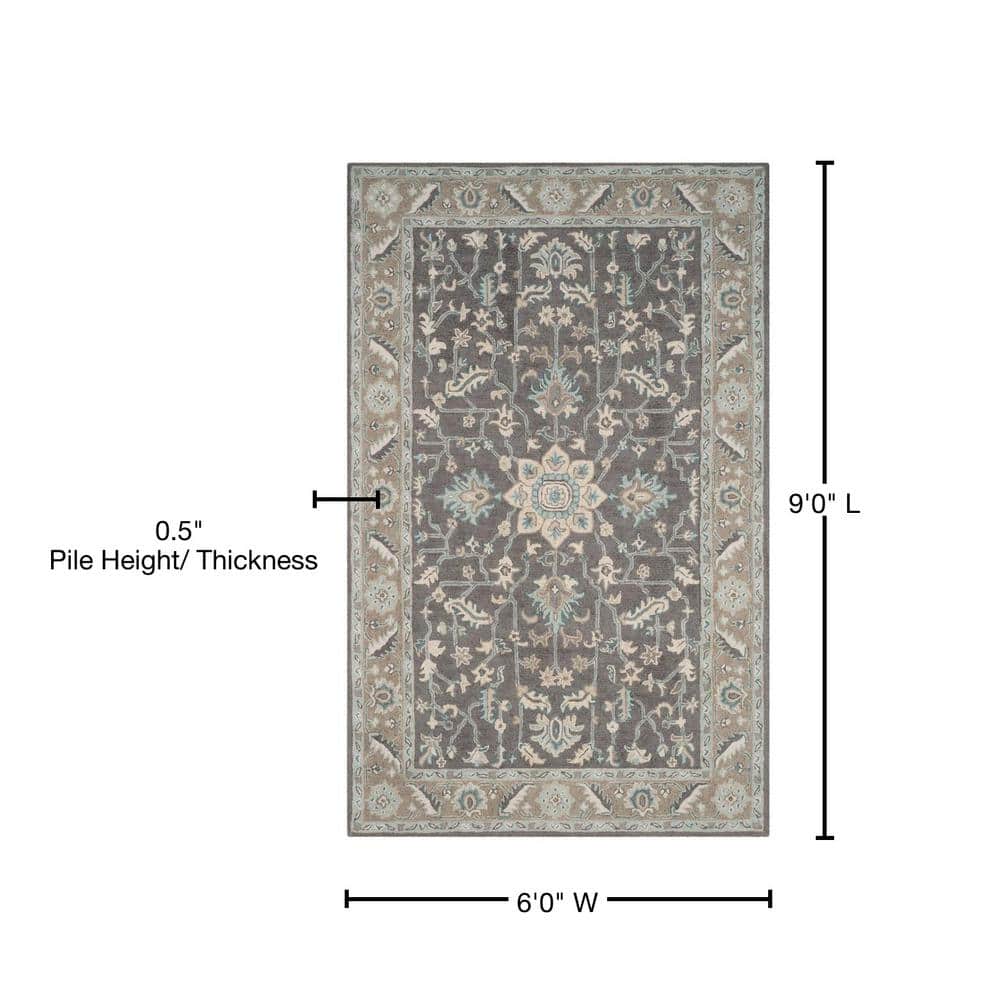 Blossom Dark Gray and Light Brown Floral Wool Area Rug, 6' x 9'