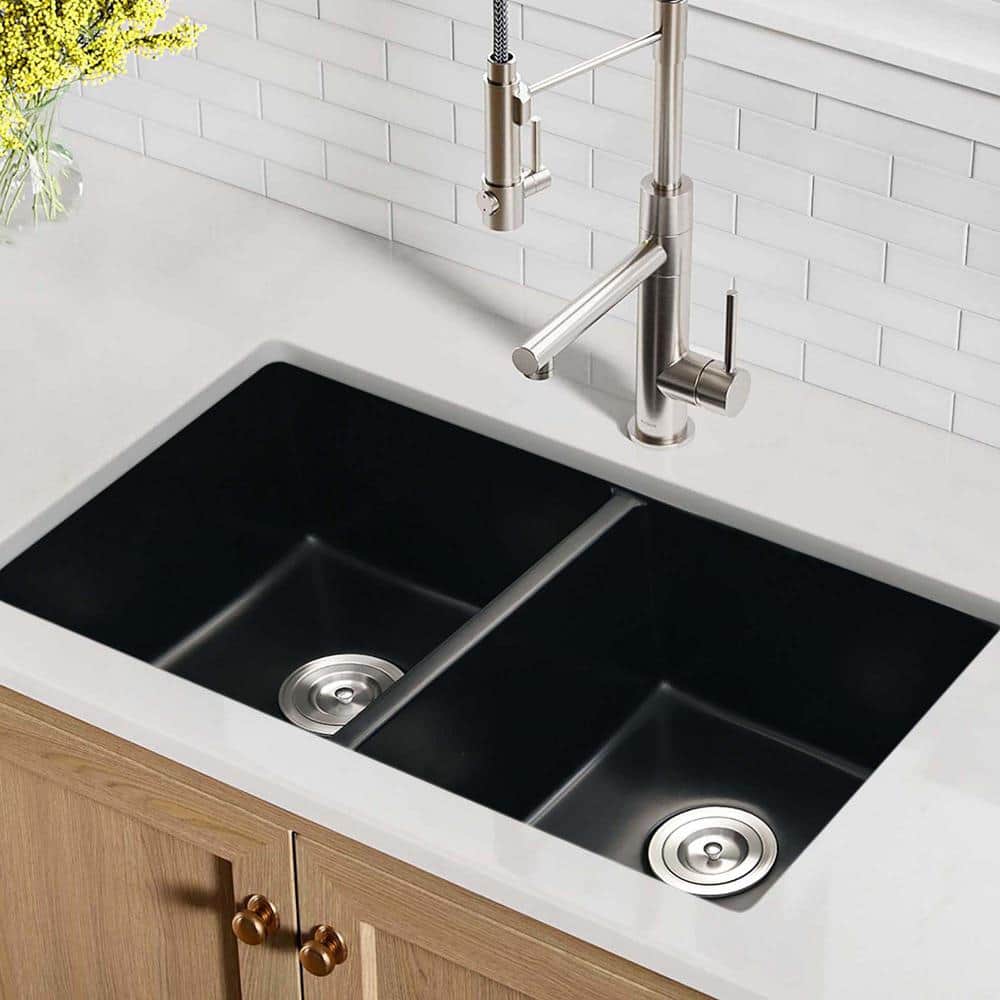 Staykiwi 33 in. Undermount Double Bowl Black Quartz Kitchen Sink ...